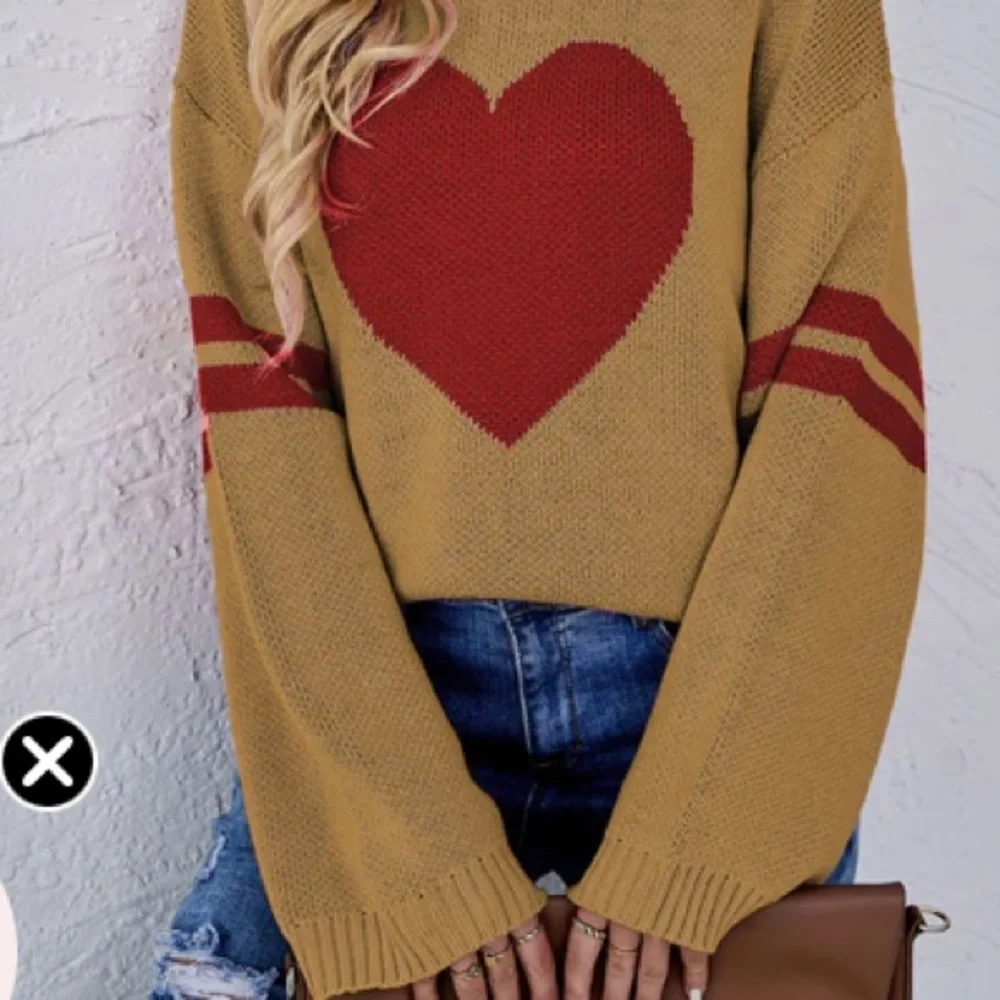 Cozy Tan Sweater with a bold Red heart and Stripes - Picture 3 of 7